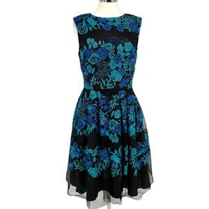 Tahari Floral Embroidered Fit & Flare Sleeveless Party Dress Black Blue Size 10